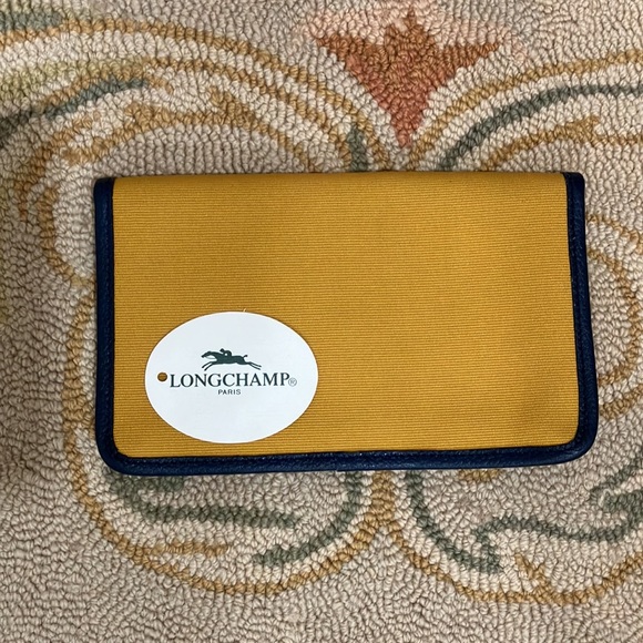 Longchamp green yellow coated canvas wallet with blue leather trim. - Picture 3 of 5
